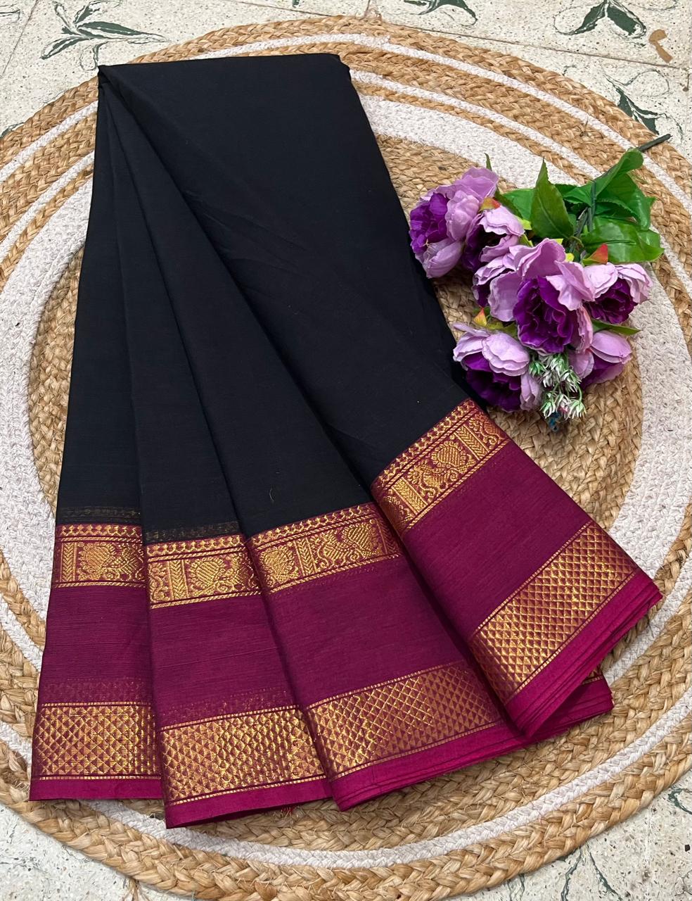Black & Magenta Kanchi Cotton Saree With Rich Gold Zari Geometric Border